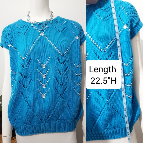 Vintage 80's Magnolia💙Turquoise Blue Embellished Sleeveless Knitted Top - Picture 9 of 10